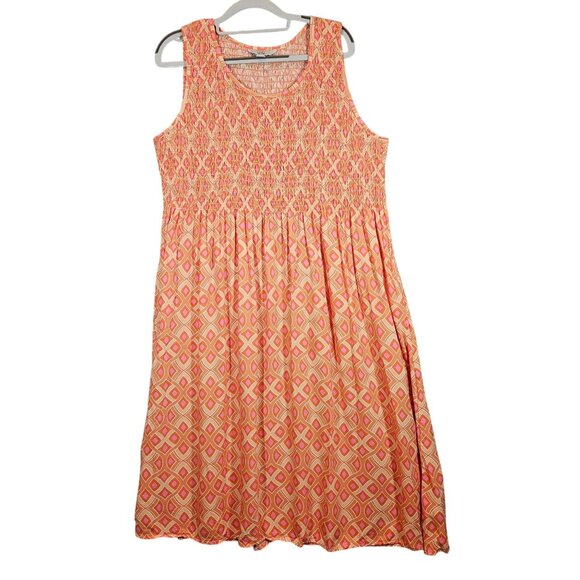 Croft & Barrow Sleeveless Smocked Geometric Midi Dress PXXL Orange Pink Pockets - Picture 1 of 13